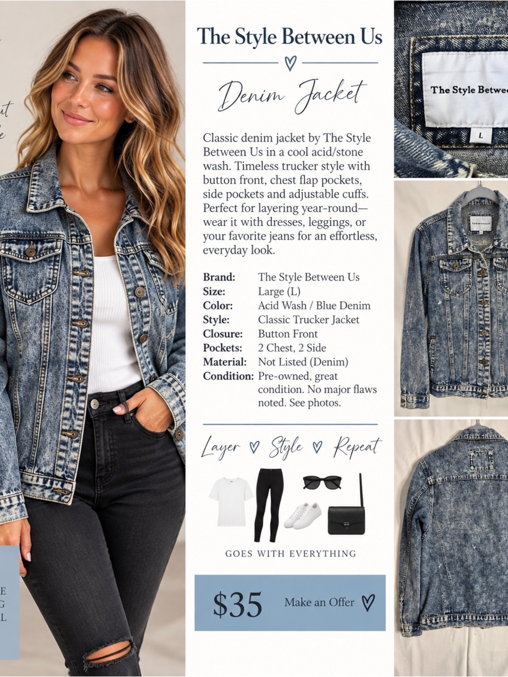 The Style Between Us Acid Wash Denim Trucker Jacket Blue L